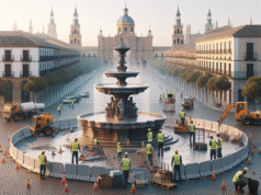 Inicio de las obras de renovación en la fuente de la Plaza de España de Talavera: mejoras en accesibilidad y eficiencia hidráulica