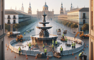 Inicio de las obras de renovación en la fuente de la Plaza de España de Talavera: mejoras en accesibilidad y eficiencia hidráulica