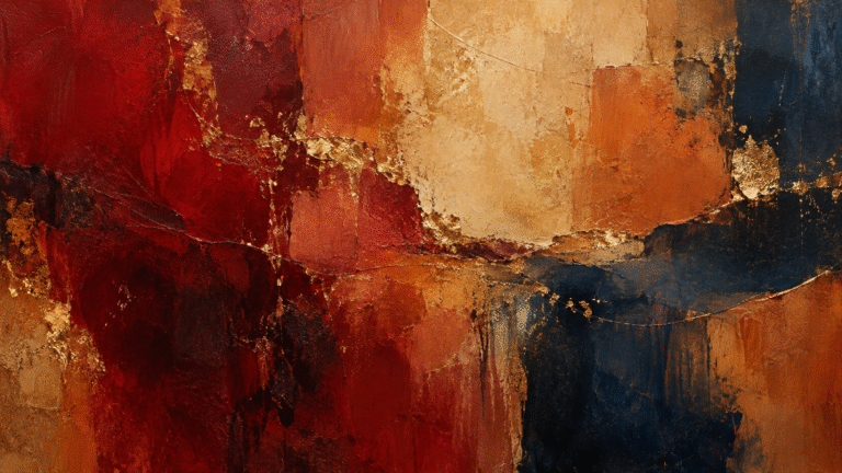 Ilustración editorial abstracta en tonos rojos y ocres