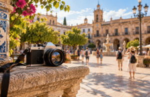 XXI Maratón Fotográfico Solidario en la Plaza del Pan Ilustración editorial de cámara en una plaza histórica